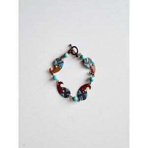 Vintage K.A Copper Turquoise Enamel Painted Beaded Chain Link Bracelet